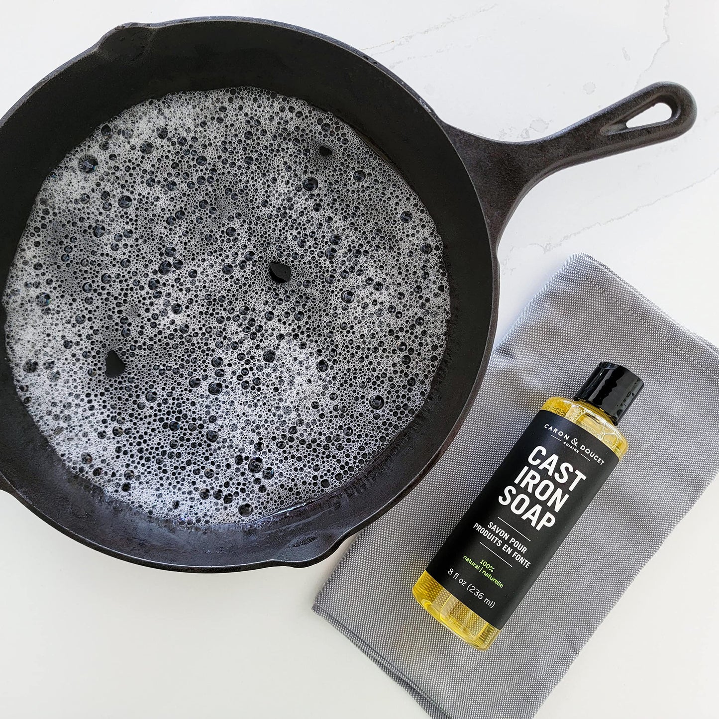 CARON & DOUCET - Cast Iron Cleaning & Conditioning Set: Seasoning Oil & Cleaning Soap | 100% Plant-Based | Best for Washing, Restoring & Seasoning Cast Iron Skillets, Pans & Grills! 8oz Each