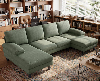 LINSY HOME Sectional Couch, 105'' W Corduroy U Shaped Sofa with Sleepable Armrests, 4 Seat Couch with Double Chaises, Deep Sofa for Living Room, Green