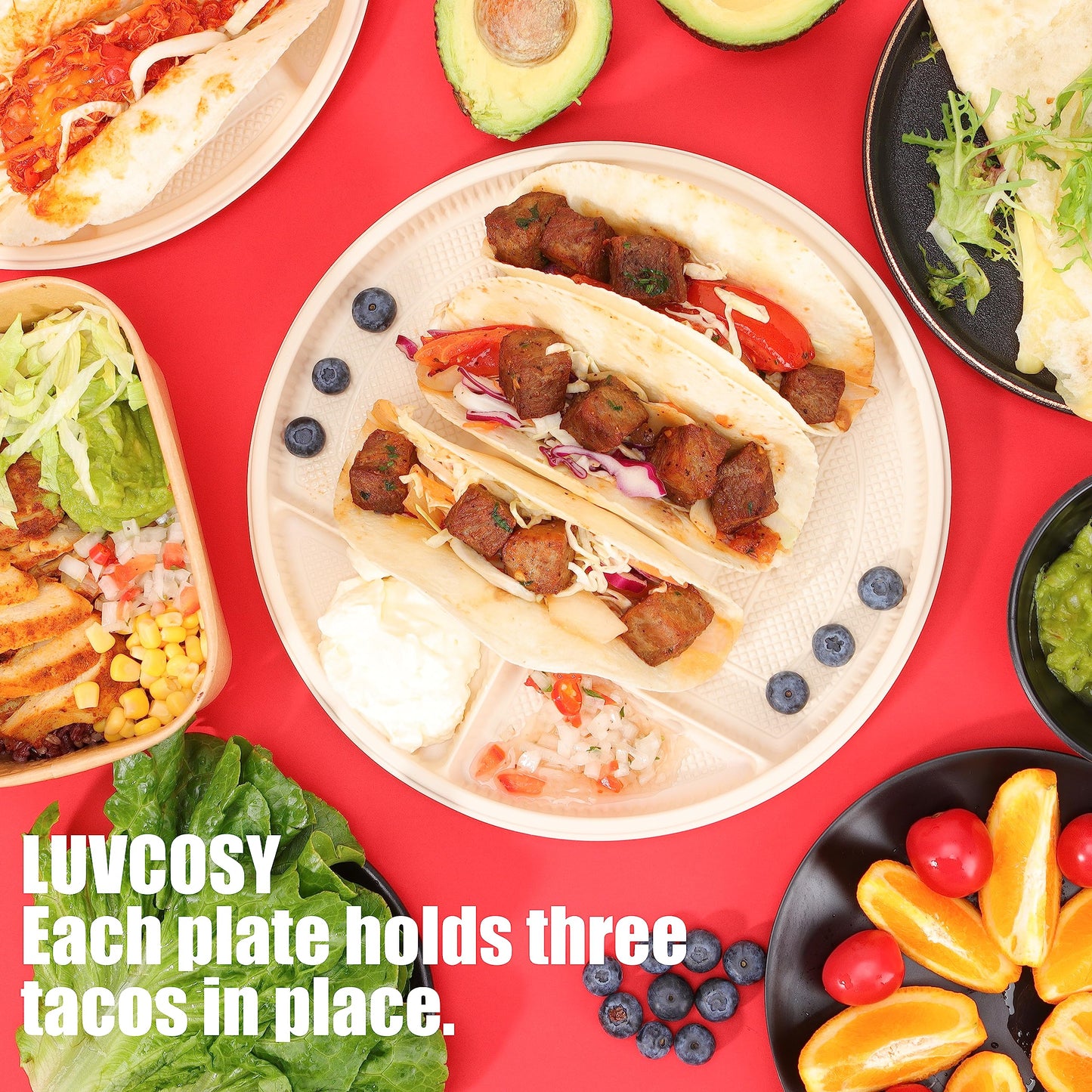 Large Disposable Taco Plates With Dipping Sides - 20 Pack, Biodegradable Cornstarch Taco Holder, Big Size Fit 6-8 Inch Soft & Hard Tortilla, Sturdy & Microwave Safe, Bar Serving Set For A Party