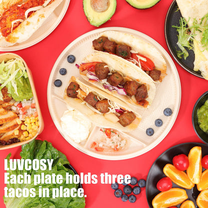 Large Disposable Taco Plates With Dipping Sides - 20 Pack, Biodegradable Cornstarch Taco Holder, Big Size Fit 6-8 Inch Soft & Hard Tortilla, Sturdy & Microwave Safe, Bar Serving Set For A Party