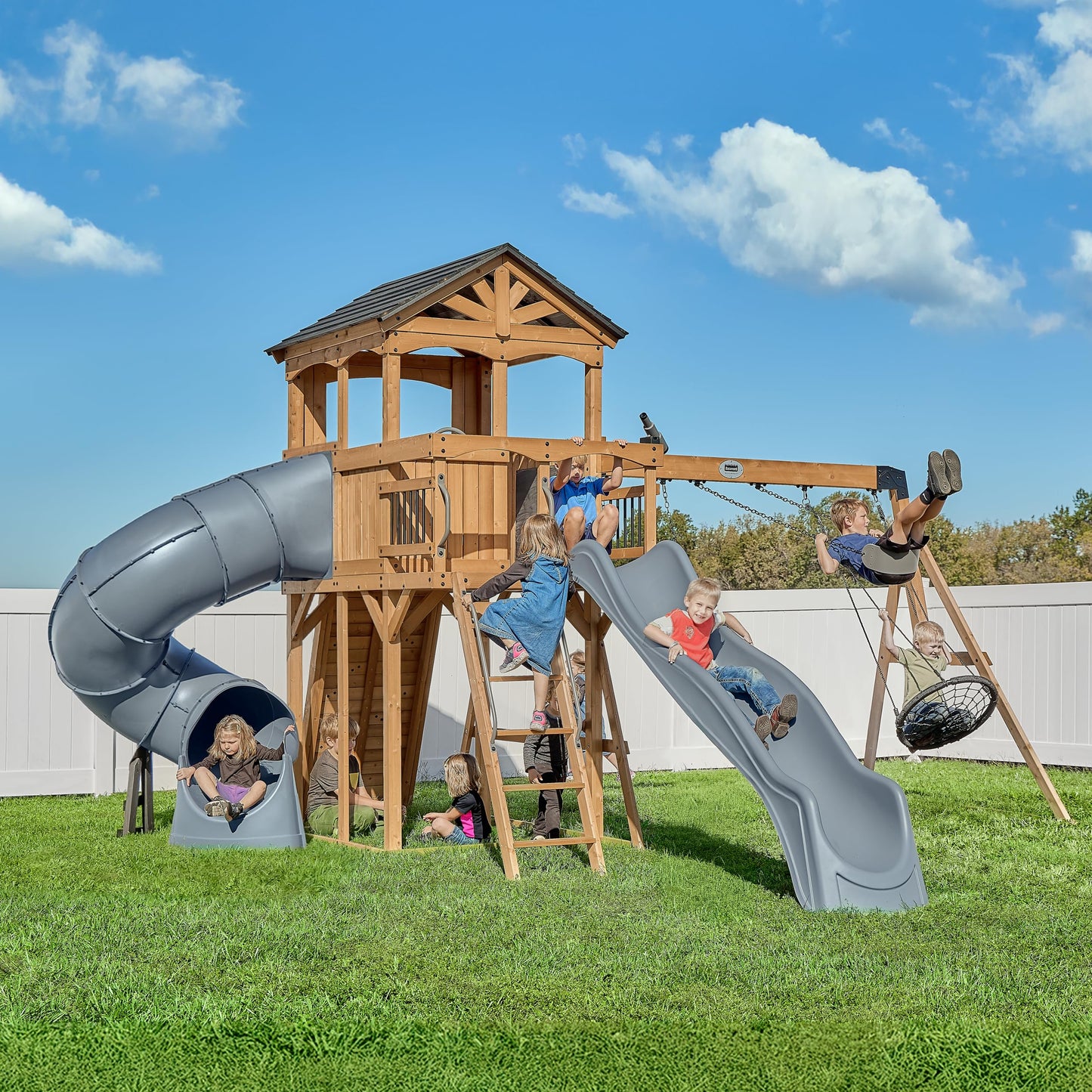 Backyard Discovery Dover Bay Spruce Wood Swing Set with Spiral Tube Slide, Wave Slide, Clubhouse, Rock Wall, Belt Swings, Step Ladder, Toy Telescope, Chalkboard, Outdoor Playset