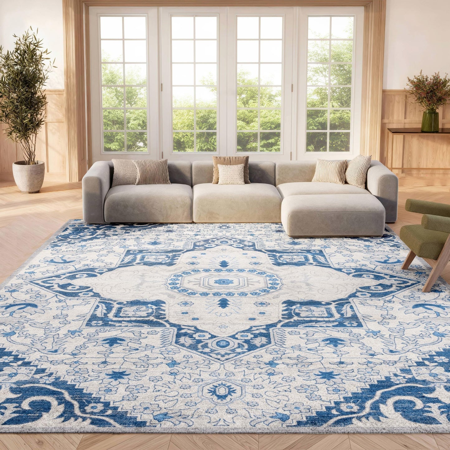 SAFAVIEH Brentwood Collection 10' x 13' Cream/Blue BNT816D Oriental Medallion Non-Shedding Living Room Bedroom Dining Home Office Area Rug