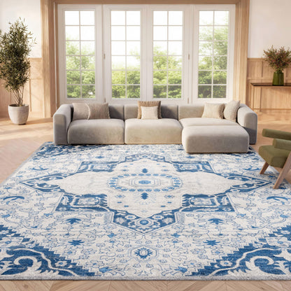 SAFAVIEH Brentwood Collection 10' x 13' Cream/Blue BNT816D Oriental Medallion Non-Shedding Living Room Bedroom Dining Home Office Area Rug