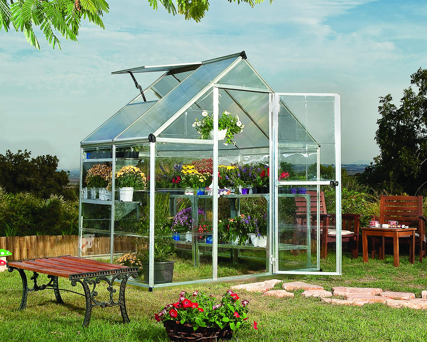 Palram - Canopia 6x4 Greenhouse for Outdoors, Walk-In, UV Polycarbonate Panels, Heavy Duty Aluminum Frame, Lockable Door, Adjustable Roof Vent, Rain Gutters, Galvanized Steel Base, Hybrid (Silver)