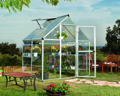 Palram - Canopia 6x4 Greenhouse for Outdoors, Walk-In, UV Polycarbonate Panels, Heavy Duty Aluminum Frame, Lockable Door, Adjustable Roof Vent, Rain Gutters, Galvanized Steel Base, Hybrid (Silver)