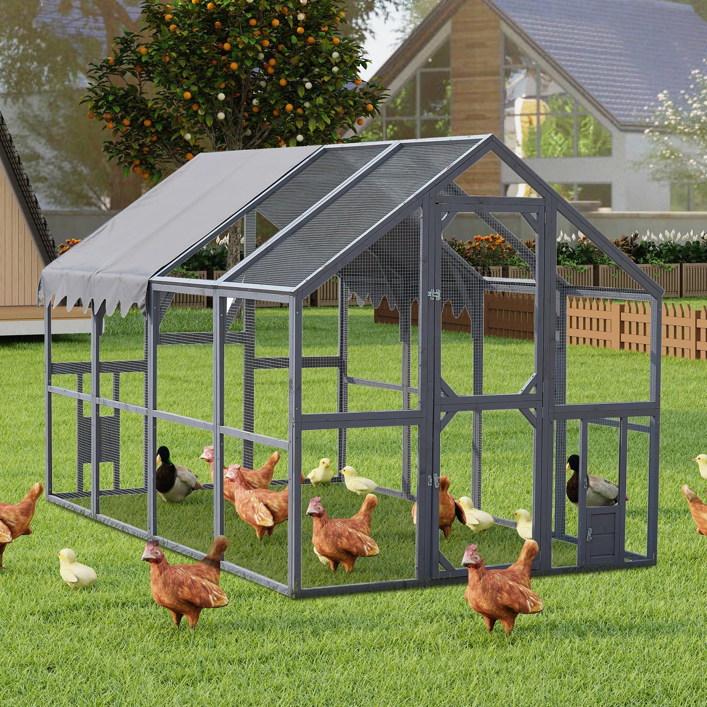 KEIKI Chicken Coop, 9.3 x 6.2 x 6 FT, Large Wooden Chicken Run with Waterproof Cover, Outdoor Walk-in Hen House, for Backyard Farm, Grey