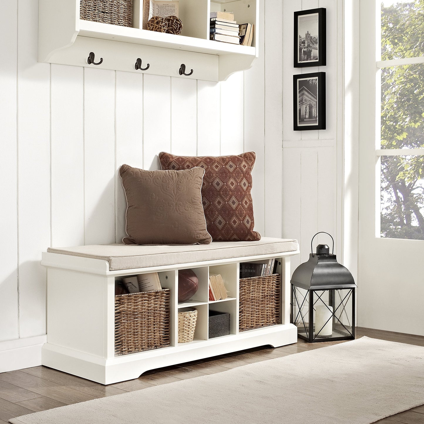 Crosley Furniture Brennan Entryway Storage Bench with Bins and a Shoe Rack Organizer, White