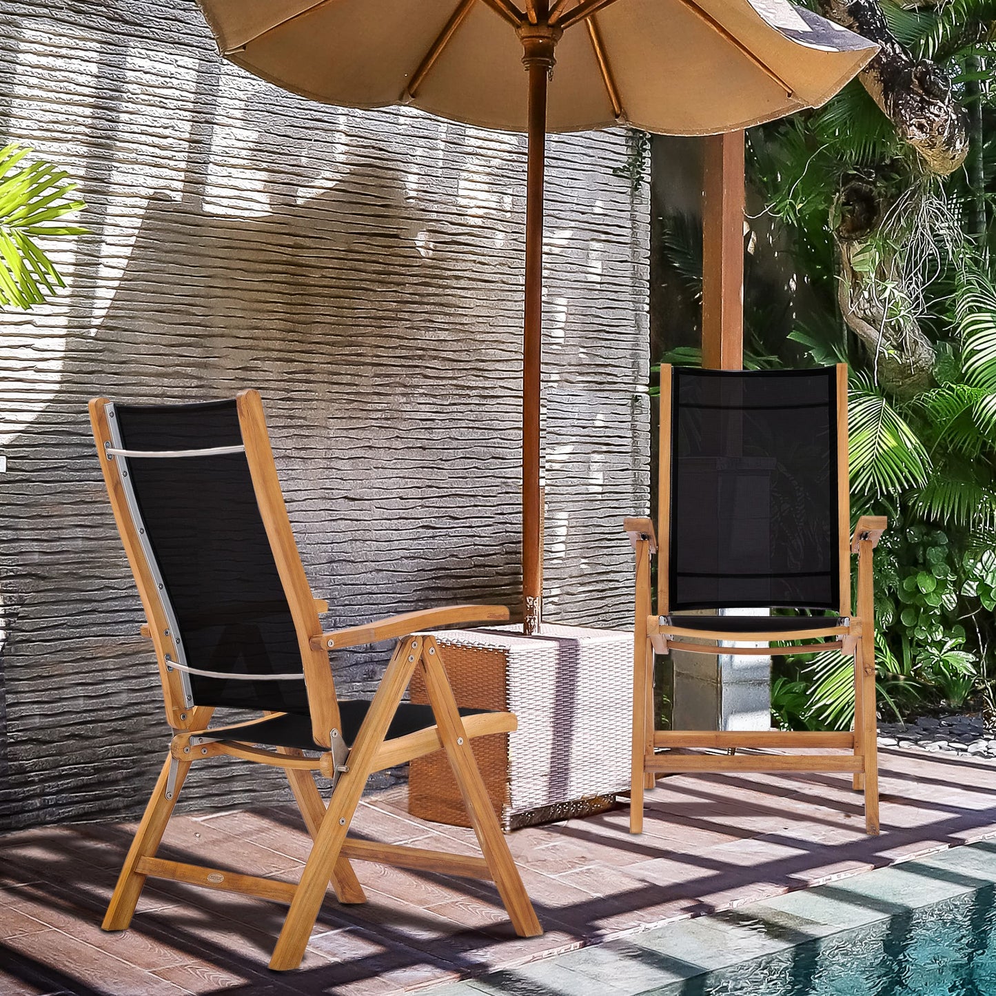 CHIC TEAK Teak Wood California Reclining Chair with Black Batyline Sling, Made from Solid A-Grade Teak Wood and Batyline