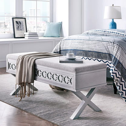 Leick Home 10142-SV Mirrored Diamond Filigree X Base Lift Top Bench with Storage for Bedroom or Foyer, Silver Leaf