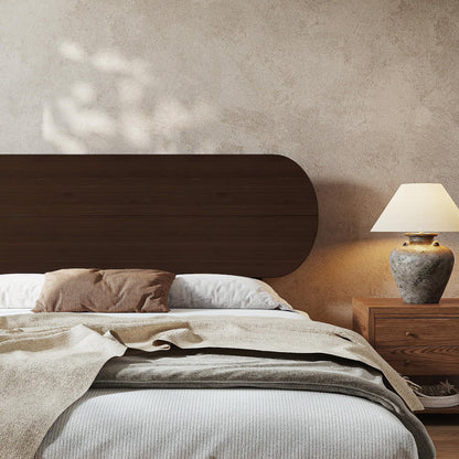 KEIKI Queen Size Bamboo Platform Bed with Round Shape Headboard, Mid-Century Modern Floating Bed Frame with Solid Support Slats, No Box Spring Needed, Easy Assembly, Noise Free, for Bedroom, Espresso