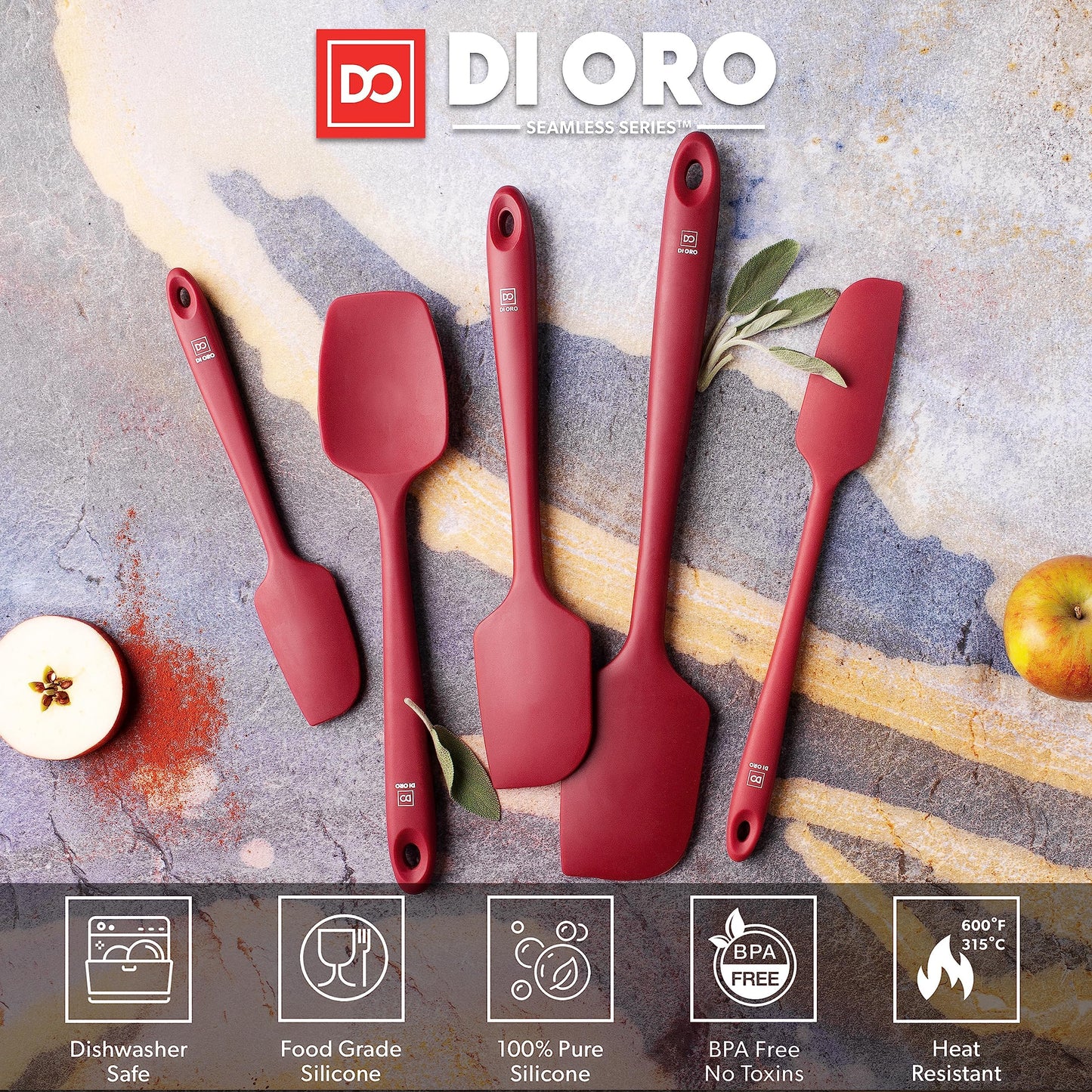 DI ORO Silicone Spatula Set - Rubber Kitchen Spatulas for Baking, Cooking, & Mixing - 600°F Heat-Resistant & BPA Free Silicone Scraper Spatulas for Nonstick Cookware - Dishwasher Safe (5pc, Red)