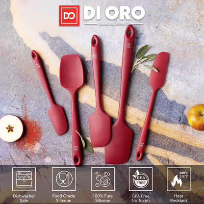 DI ORO Silicone Spatula Set - Rubber Kitchen Spatulas for Baking, Cooking, & Mixing - 600°F Heat-Resistant & BPA Free Silicone Scraper Spatulas for Nonstick Cookware - Dishwasher Safe (5pc, Red)