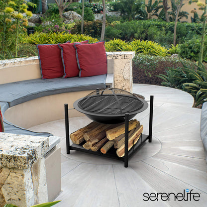 SereneLife Outdoor Wood Fire Pit - 26" Steel BBQ Grill with Mesh Spark Screen, Log Grate, Fire Poker & Cover for Camping, Picnic, Bonfire - Durable, Easy to Assemble, 2 in 1