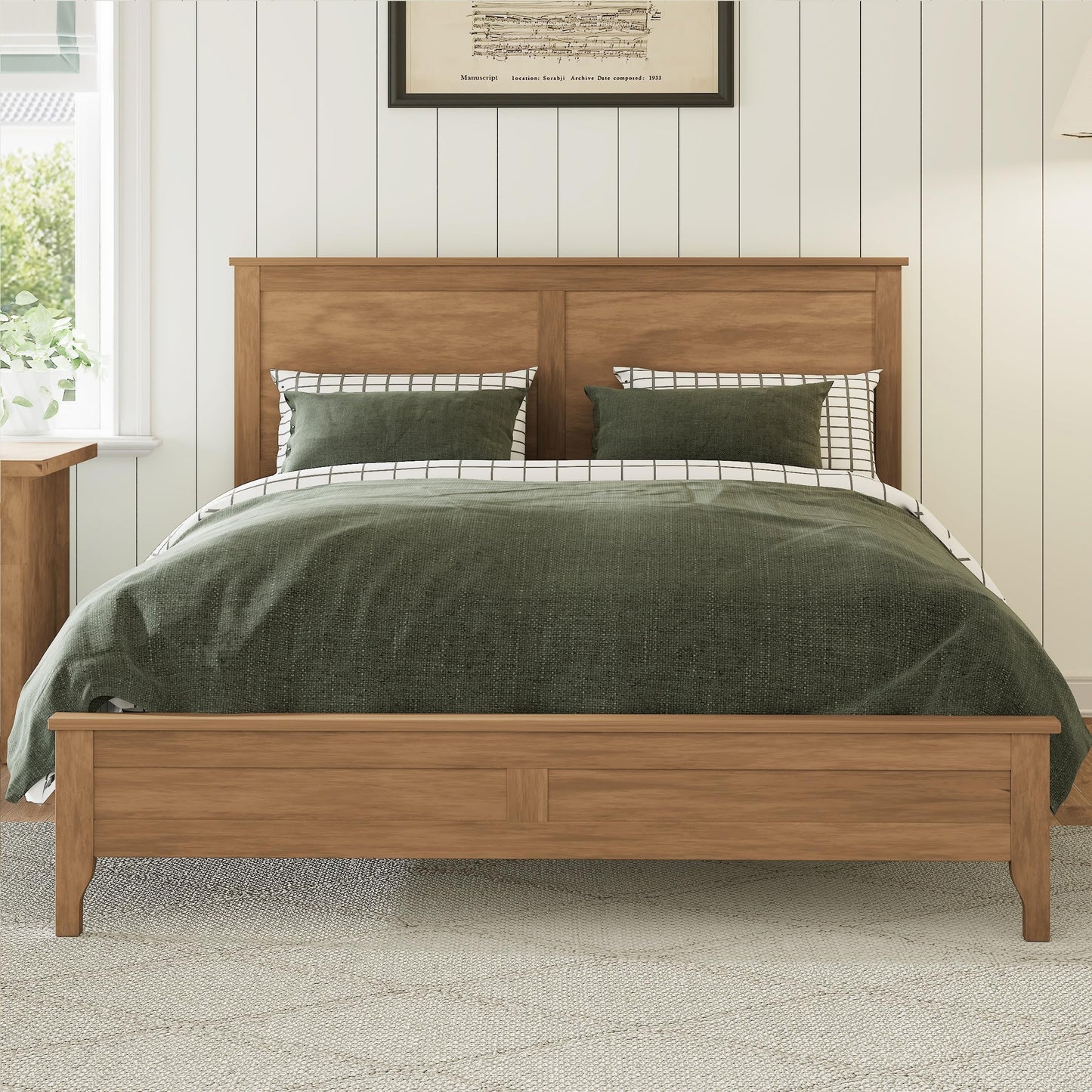 Merax Modern Solid Wood Queen Size Platform Bed with Headboard,No Box Spring Needed,Easy Assembly,Natural