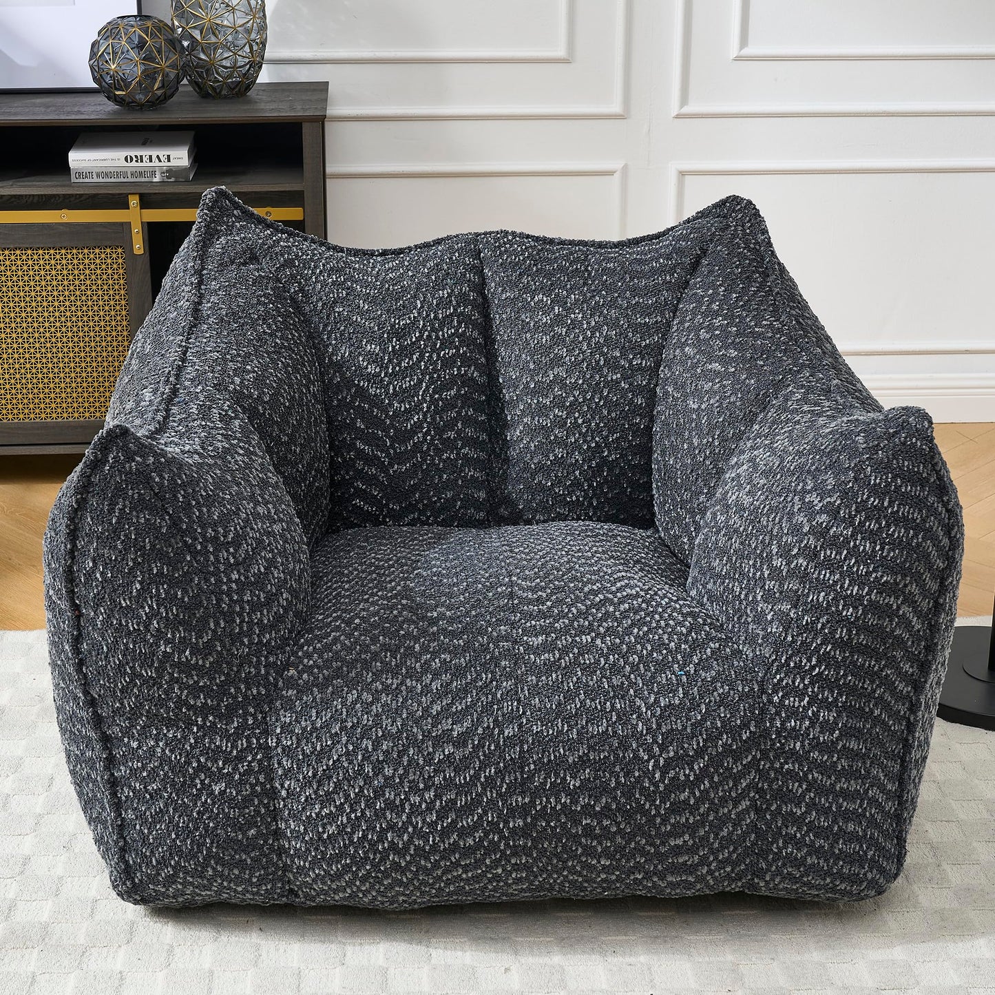Large Chenille Bean Bag Chair for Adults - Oversized Square Lazy Sofa, Comfortable Gaming Reading TV Seat, 47.2" W x 36.2" D, Black, Living Room & Bedroom Essential