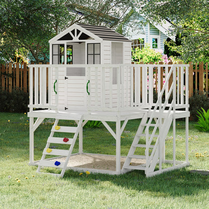 GarveeLife Outdoor Wooden Playhouse with Climbing Wall, 2 Story Wooden Playhouse with Step Ladder, Elevated Modern Cedar Playhouses Kids