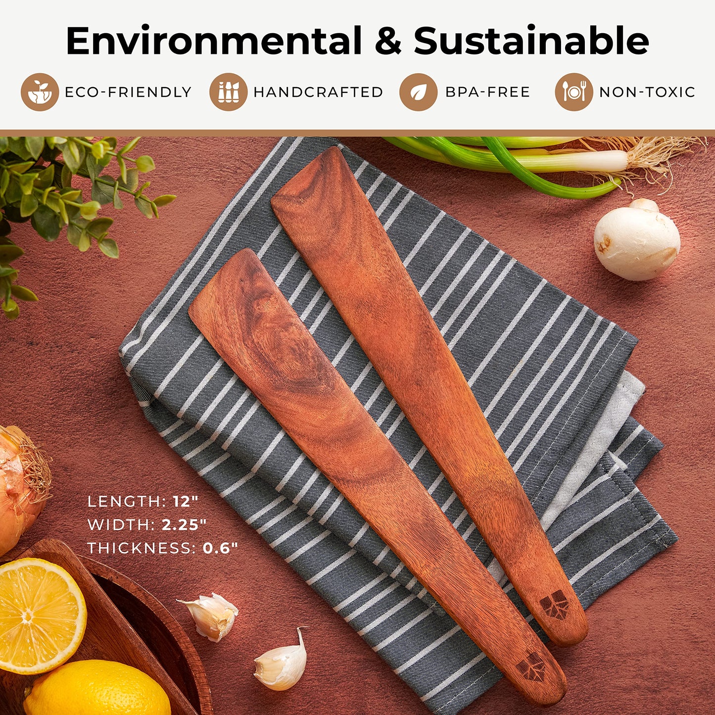 Wooden Spatula for Cooking Set of 2-12 Inch Teak Spatula for Non Stick Frying Pan - Turner & Flipper for Cast Iron, Egg & Pancake Scraper - BPA Free & Heat Resistant Wooden Cooking Utensils