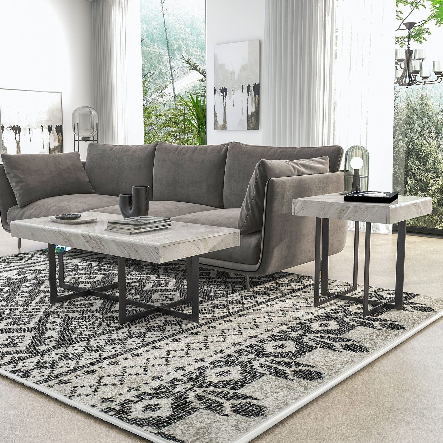 Furniture of America Willy Modern Storage Faux Marble Top 2-Piece Coffee and End Table Set for Living Room, Gray