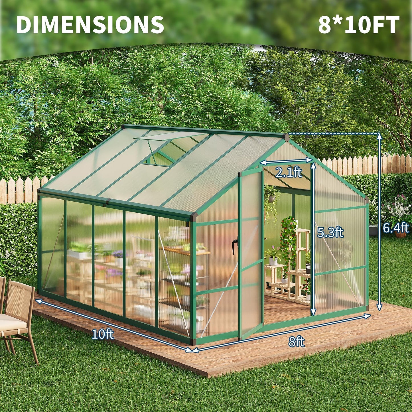 8X10 FT Greenhouse for Outdoors, Polycarbonate Flower Greenhouse with Roof Vent, Push-Pull Lockable Door, Aluminum Walk-in Greenhouses for Outside Garden Backyard, Patio, Lawn, Green