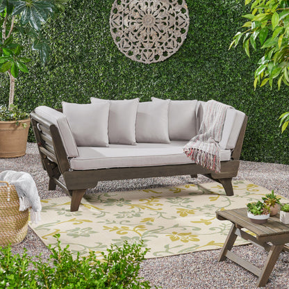 Christopher Knight Home Gary Patio Convertible Couch, Wooden Outdoor Daybed, 3-Seater Acacia Wood Patio Furniture Lounge Sofa for Backyard/Poolside/Garden, Back Pillow+Removable Cushion, Grey
