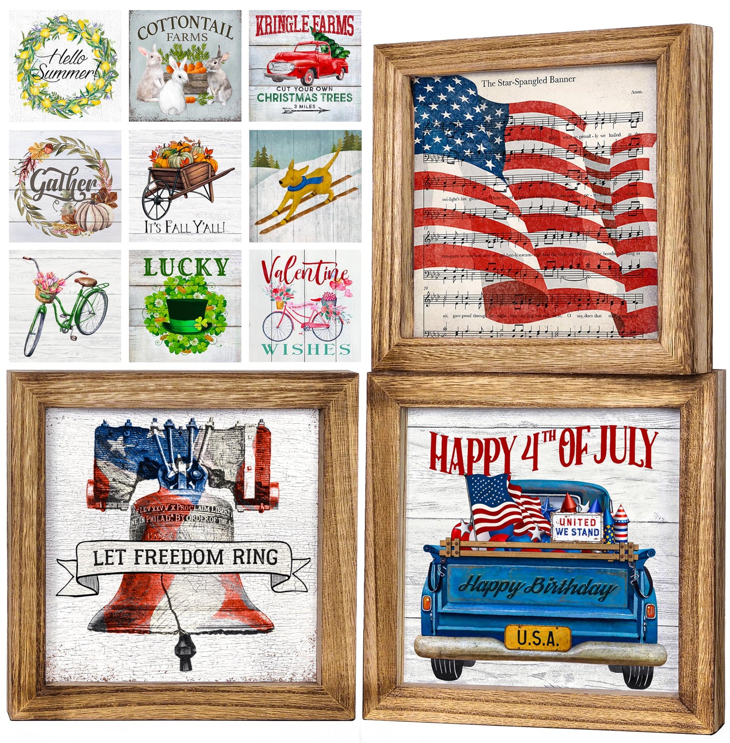 Set of 3 Rustic Wood Frames for Tiered Tray Decor - 36 Interchangeable Seasonal Home Signs for Valentines, St Patrick's Day, All Seasons, 7x7 in