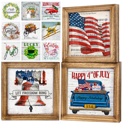 Set of 3 Rustic Wood Frames for Tiered Tray Decor - 36 Interchangeable Seasonal Home Signs for Valentines, St Patrick's Day, All Seasons, 7x7 in