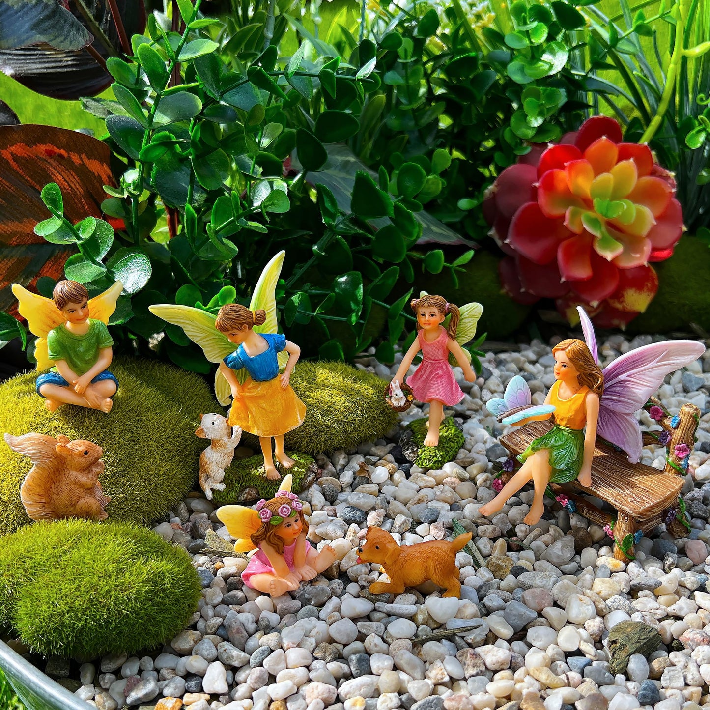 Mood Lab Fairy Garden Figurines with Animals - Miniature Decorative Statues & Accessories Set (8 pcs) - Outdoor & Indoor Garden Decor