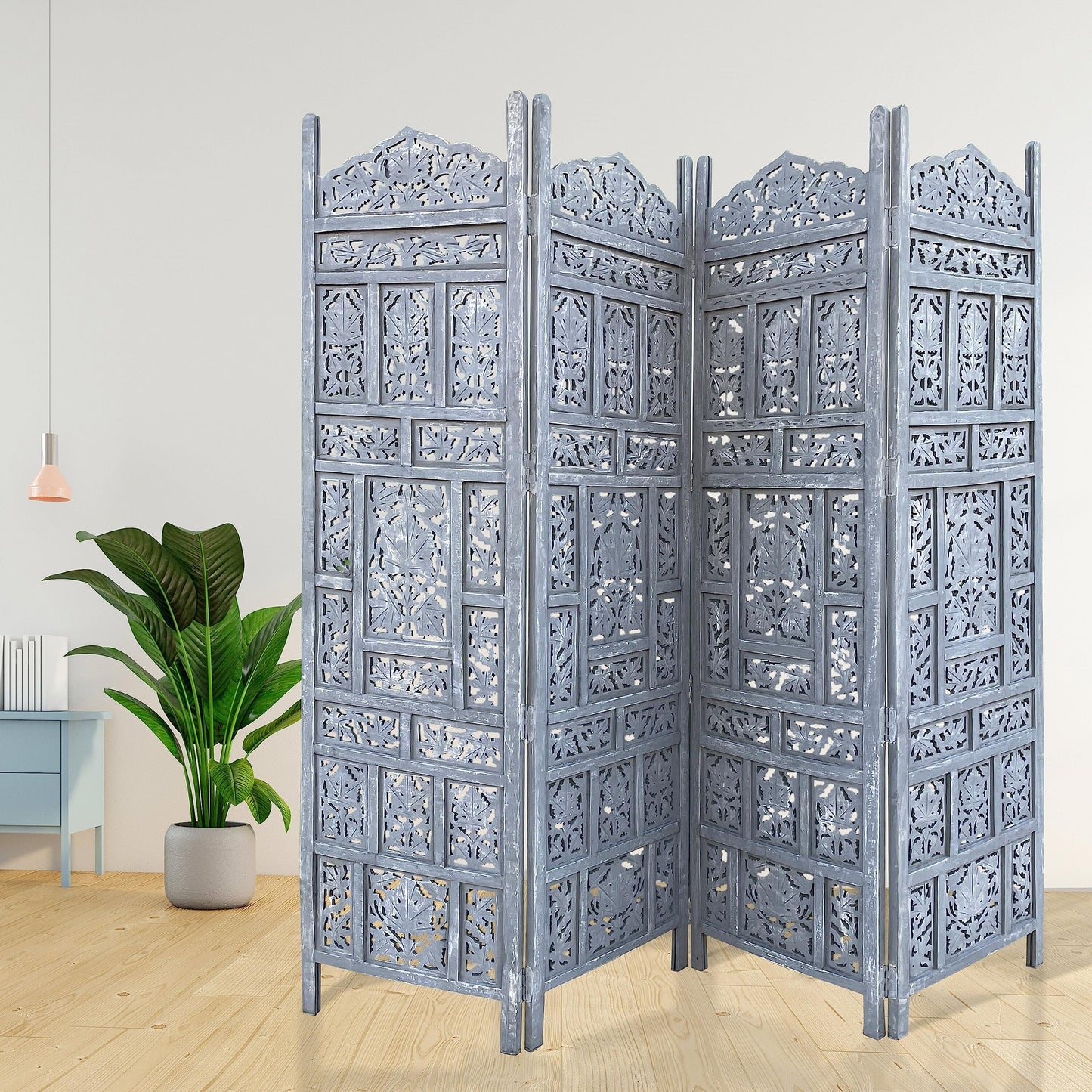Hand Crafted 4-Panel Wood Divider, Multi-Panel Privacy Screen (Box Floral)