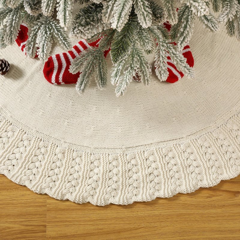 Aeranto Ivory Knitted Christmas Tree Skirt, Cozy Cable Knit Design with Scalloped Edge and Ties, Rustic Farmhouse Holiday Décor for Christmas Tree Base(Ivory, 36")