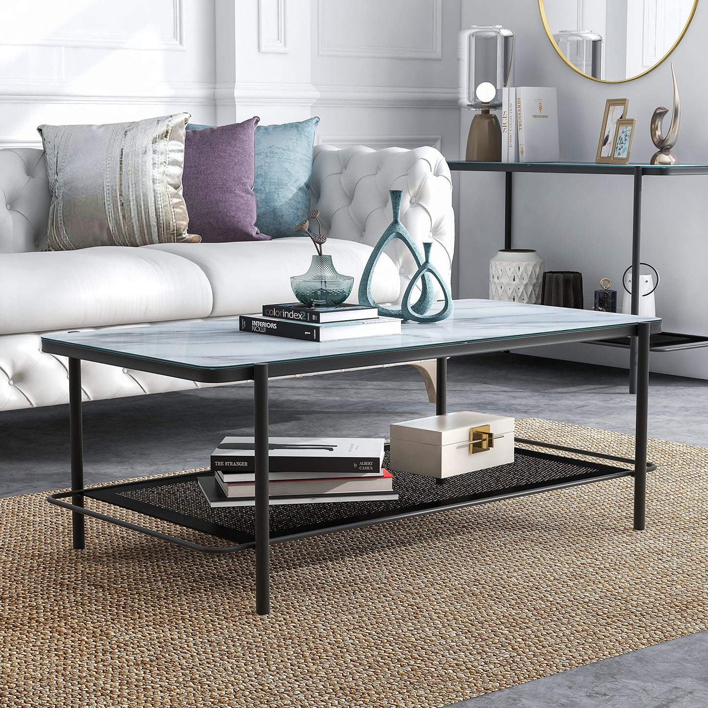 Furniture of America Basil Industrial 1-Shelf, Faux Marble Top Steel 48 in. Rectangle Coffee Table for Living, Bedroom, Reception Room, Black and White