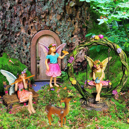 Mood Lab Fairy Garden Figurines with Swing - Miniature Decor Set (6 pcs) - Statues & Accessories - Outdoor & Indoor Garden Decor