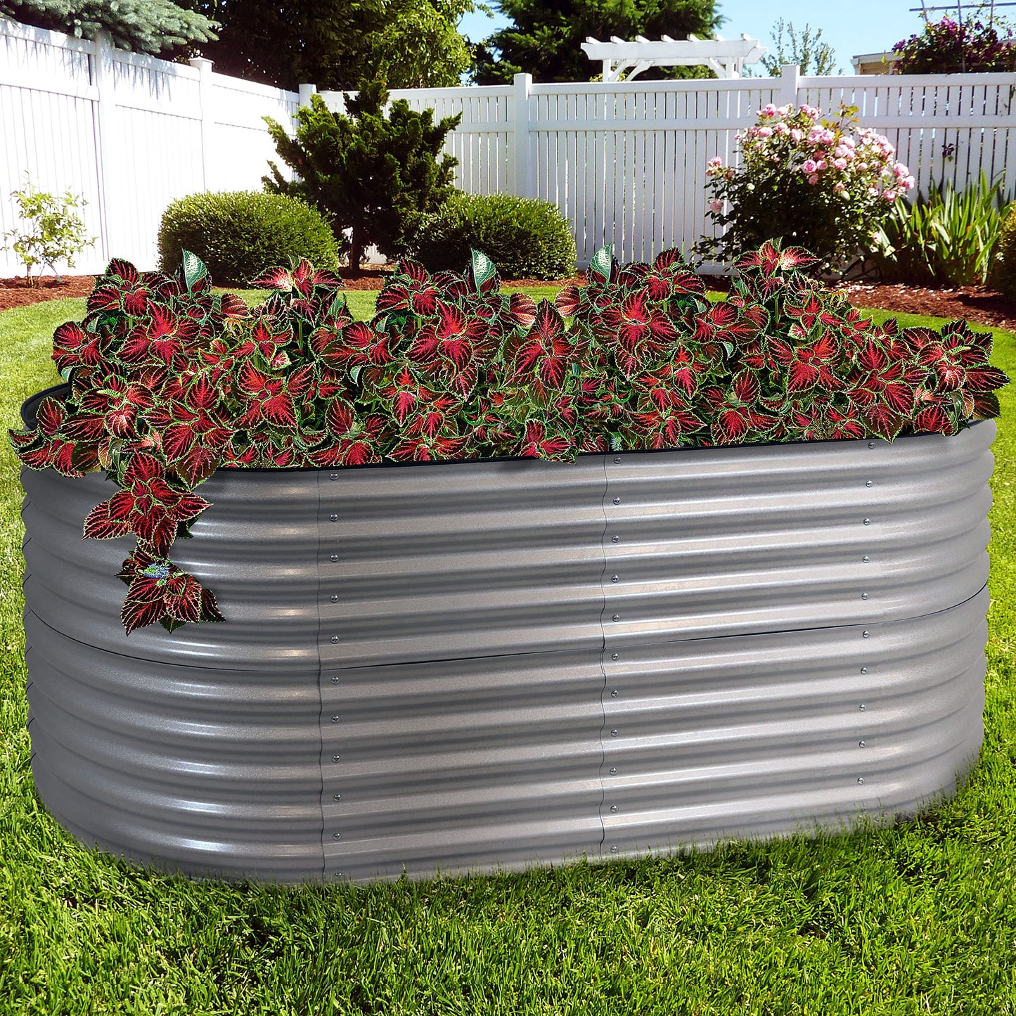 Sunnydaze 79-Inch Oval Raised Garden Bed - Stackable Steel Vegetable Flower Bed Planter Kit with Rubber Edge Trim - Silver