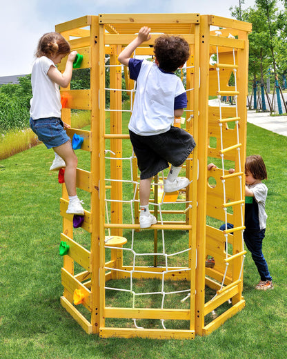 Avenlur Hawthorn 9-in-1 Outdoor Activity Center | Swing, Rock Wall, Monkey Bars | Ages 3-11 | Pine Wood Construction | Climbing Rope, Net Wall | Strength, Coordination, and Imagination-Boosting Fun