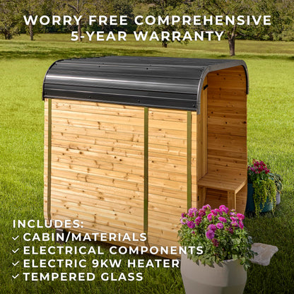 Backyard Discovery Lennon 2-4 Person Traditional Cedar Outdoor Cube Sauna with Porch, Electric Sauna Heater, Sauna Rocks, Dry Heat, Steam Sauna, LED Lights, Wi-Fi Control, Sauna Accessories