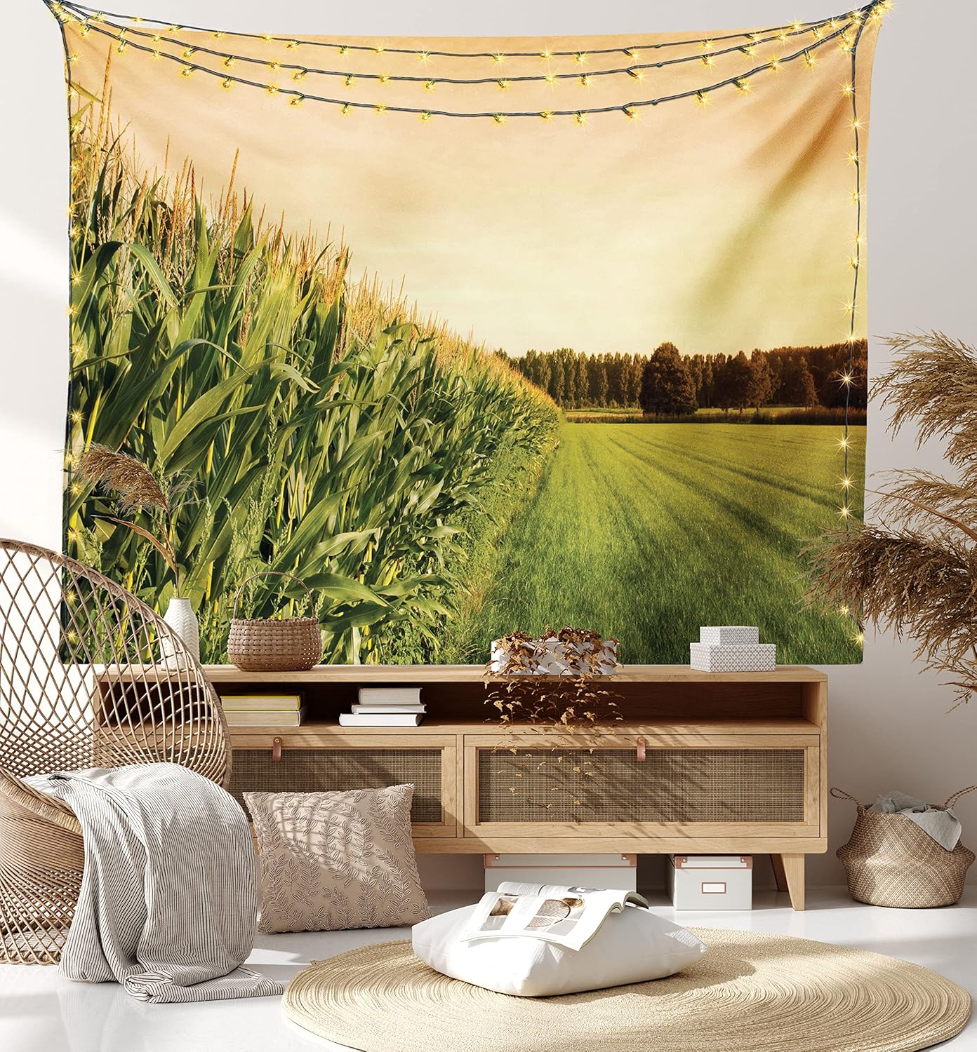 Lunarable Country Tapestry, Cornfield Farmland Landscape Scenics, Fabric Wall Hanging Decor, 45" X 30", Peach Lime Green