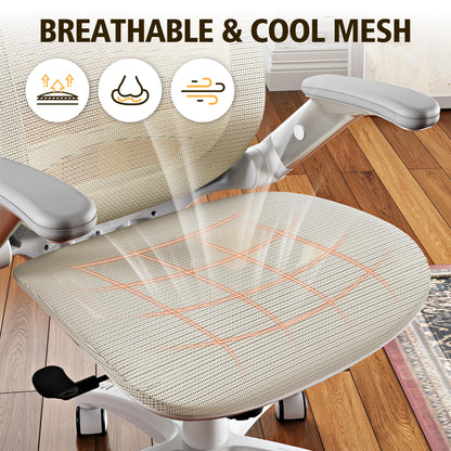 GABRYLLY Ergonomic Office Chair, High Back Home Desk Chair with Headrest, Flip-Up Arms, 90-120° Tilt Lock and Wide Cushion, 300LBS Mesh Chairs for Man Woman, White Task Chair(Beige,GY01WBG)