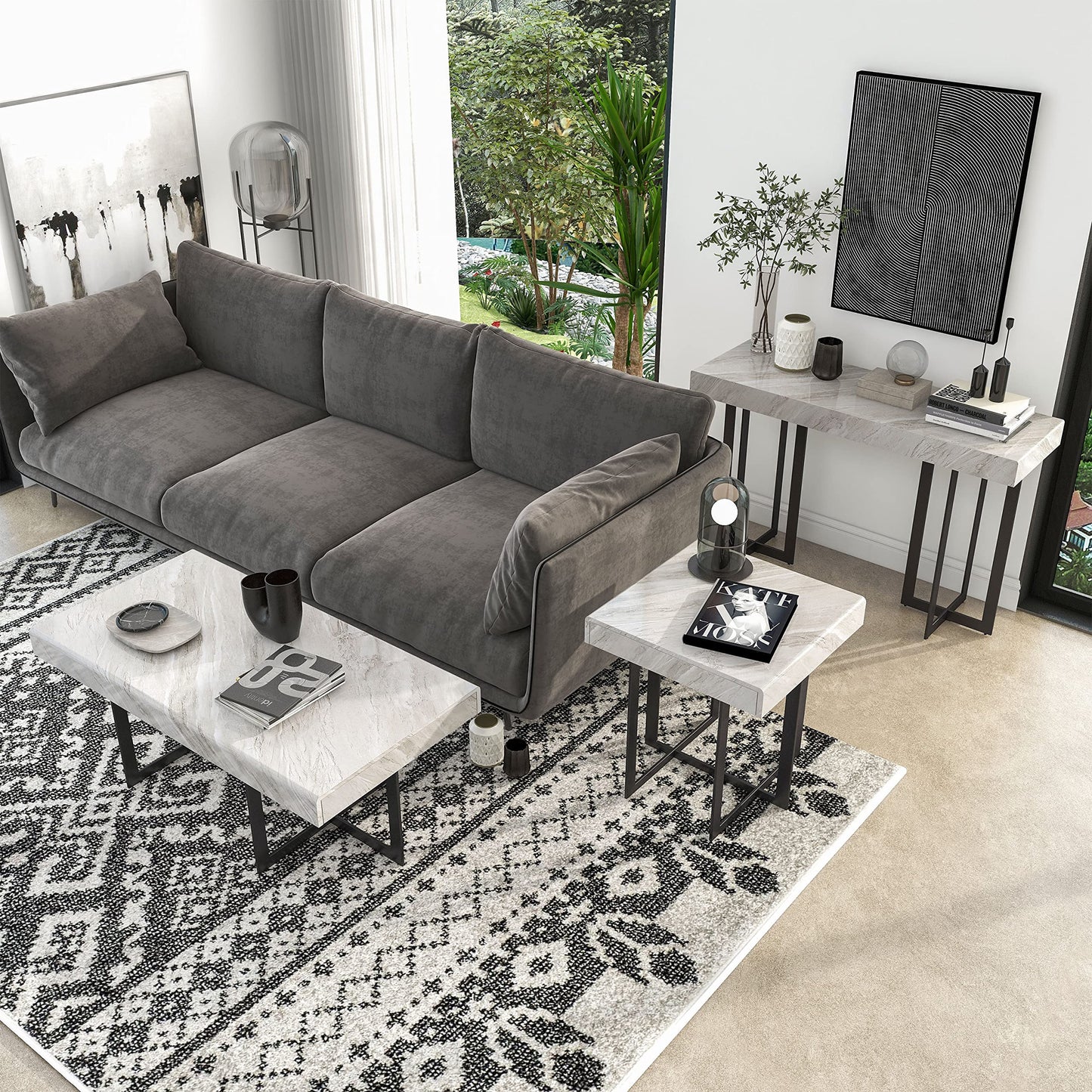 Furniture of America Willy Modern Storage Faux Marble Top 3-Piece Coffee, End and Sofa Table Set for Living Room, Gray