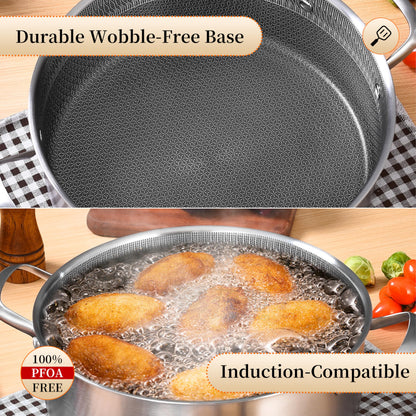 Inqibee 6 QT Hybrid Nonstick Saute Pan with Lid, Tri-Ply Stainless Steel 12 Inch Deep Frying Pan Cookware, Induction Compatible, All Cooktops, Oven & Dishwasher Safe
