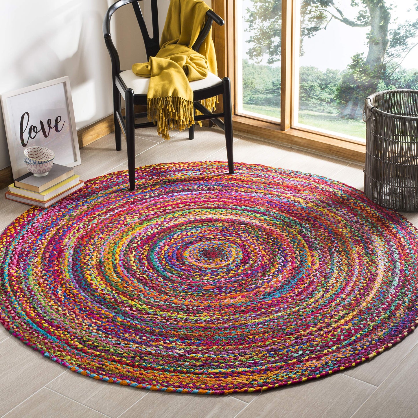 SAFAVIEH Braided Collection Area Rug - 9' Round, Red & Multi, Handmade Woven Cotton, Boho Reversible Style, Ideal for Living Room, Bedroom (BRD210A)