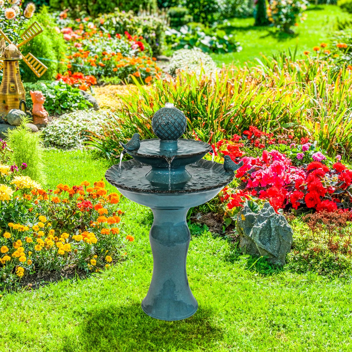 Sunnydaze 27" H 2-Tier Ceramic Water Fountain - Outdoor Water Feature for Patio, Yard, Balcony - Garden Fountain - Blue