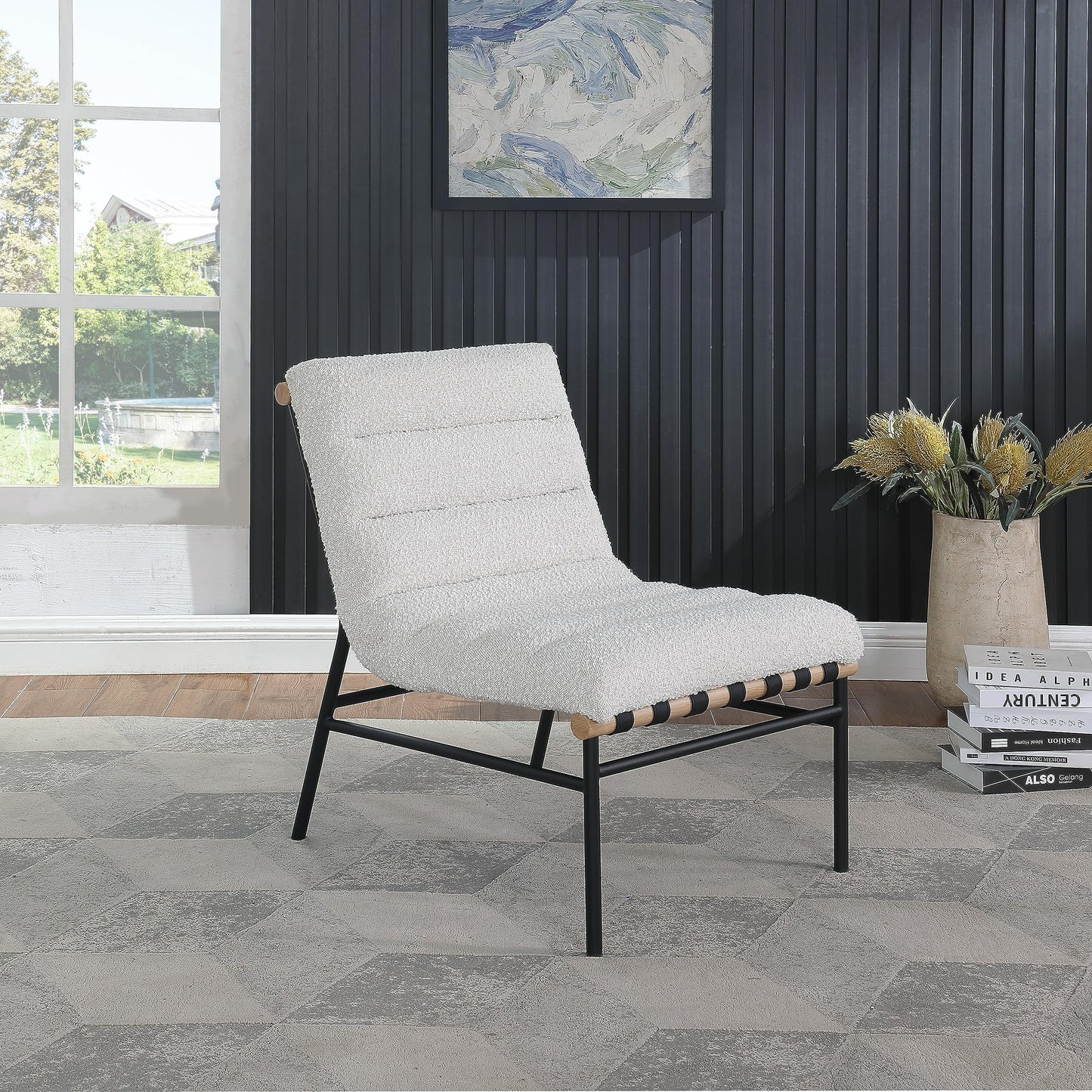 Meridian Furniture 411Cream Burke Collection Modern | Contemporary Accent Chair, Rich Cream Boucle Fabric, Black Vegan Leather Straps, Matte Black Metal Frame, 24.5" W x 29.5" D x 31.5" H, Cream