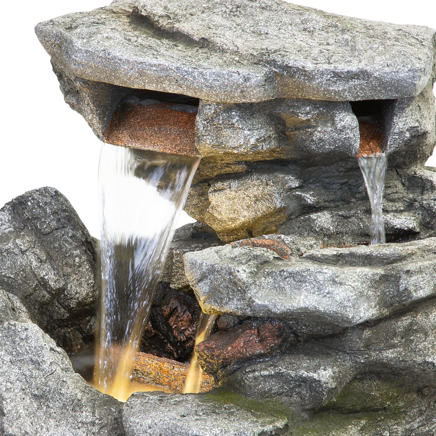 Alpine Corporation 41" Tall Outdoor Cascading Rainforest Rock Waterfall Floor Fountain with LED for Gardens, Patios, and Yards, Brown