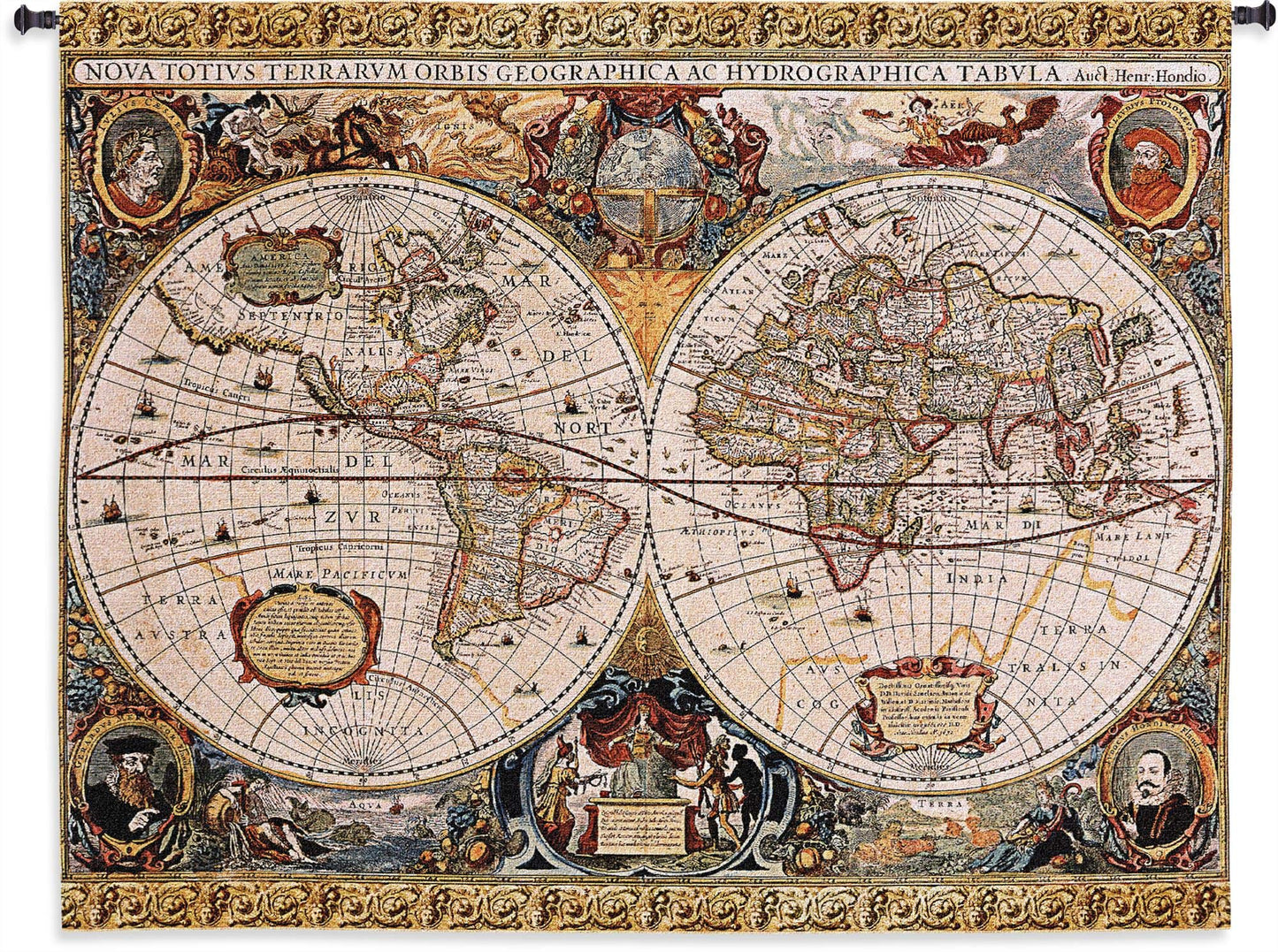 Antique Old World Map Geographica by Jan Janssonius | Woven Tapestry Wall Art Hanging | Beautiful Rustic Globe with Luxurious Mythology Designs | 100% Cotton USA Size 67x53
