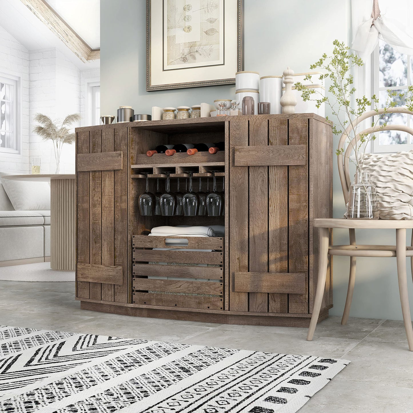 Homes: Inside + Out Lopez Farmhouse 2 Side Cabinets, 3 Shelves 48 in. Buffet with Removable Crate and Four Bottles Wine Rack, Sideboard for Kitchen, Dining Room, Reclaimed Oak Brown