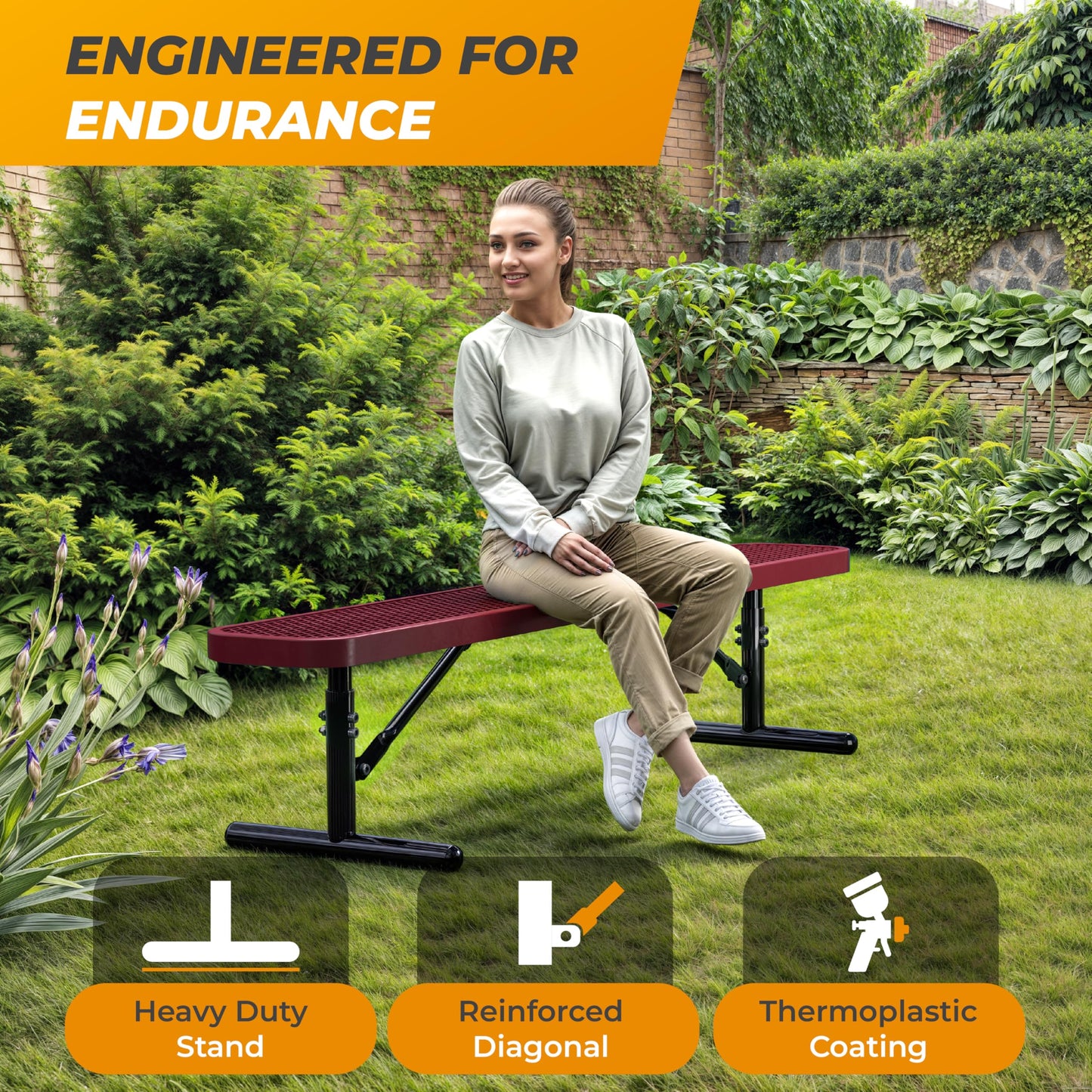 OUTTANS Heavy-Duty Outdoor Metal Bench, Thermoplastic-Coated, Portable, Weatherproof, Commercial-Grade for Parks, Gardens, Patios, Stores & More (6 Ft - Portable, Red)