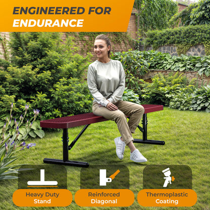 OUTTANS Heavy-Duty Outdoor Metal Bench, Thermoplastic-Coated, Portable, Weatherproof, Commercial-Grade for Parks, Gardens, Patios, Stores & More (6 Ft - Portable, Red)
