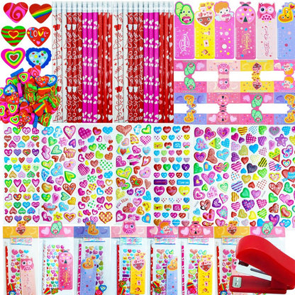 Decodinli 28 Pack Valentines Day Gifts for Kids - Valentine's Day Party Favors for School Exchanges Gifts with Erasers, Pencils, Stickers and Rulers, Valentine's Day Stationery Set with Gift Card
