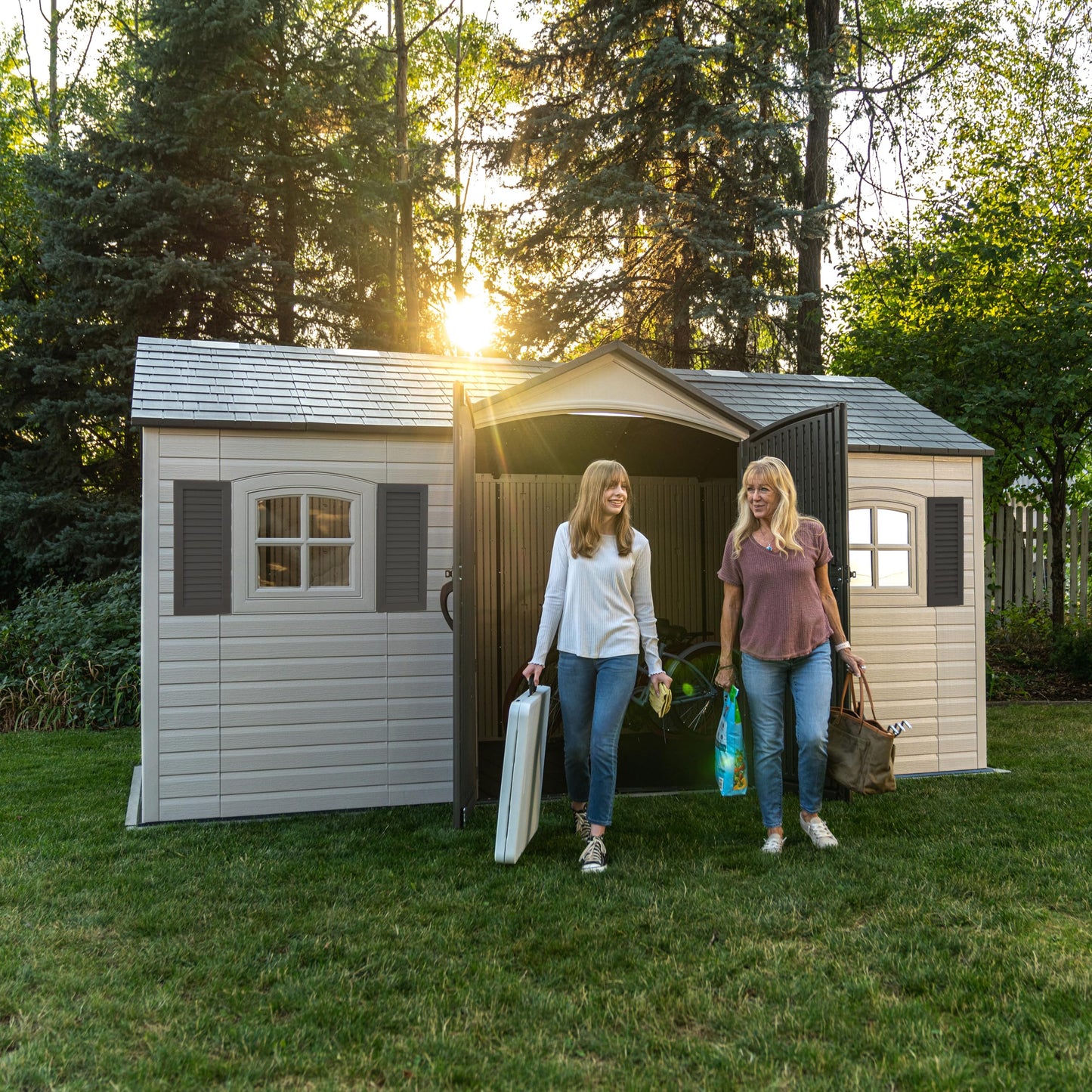 Lifetime Outdoor Storage Shed, 15x8 Ft, Desert Sand, Resin Backyard Tool Shed with Lockable Doors and UV-Protected Panels