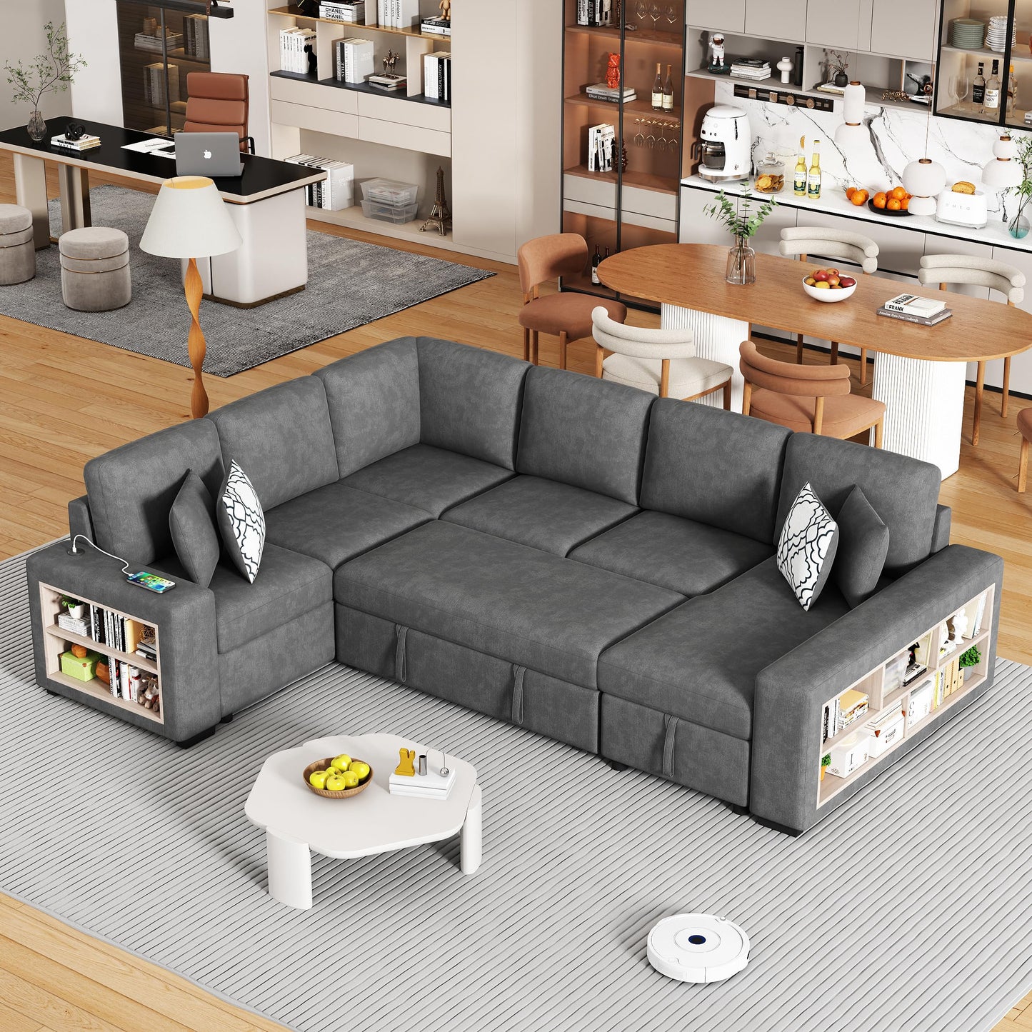 109-Inch U-Shaped Sleeper Sectional Sofa with Pull Out Sleeper Couch Bed for Living Room, Chenille Upholstered U-Shaped Corner Sleeping Sofabed W/Storage Chaise, USB Ports