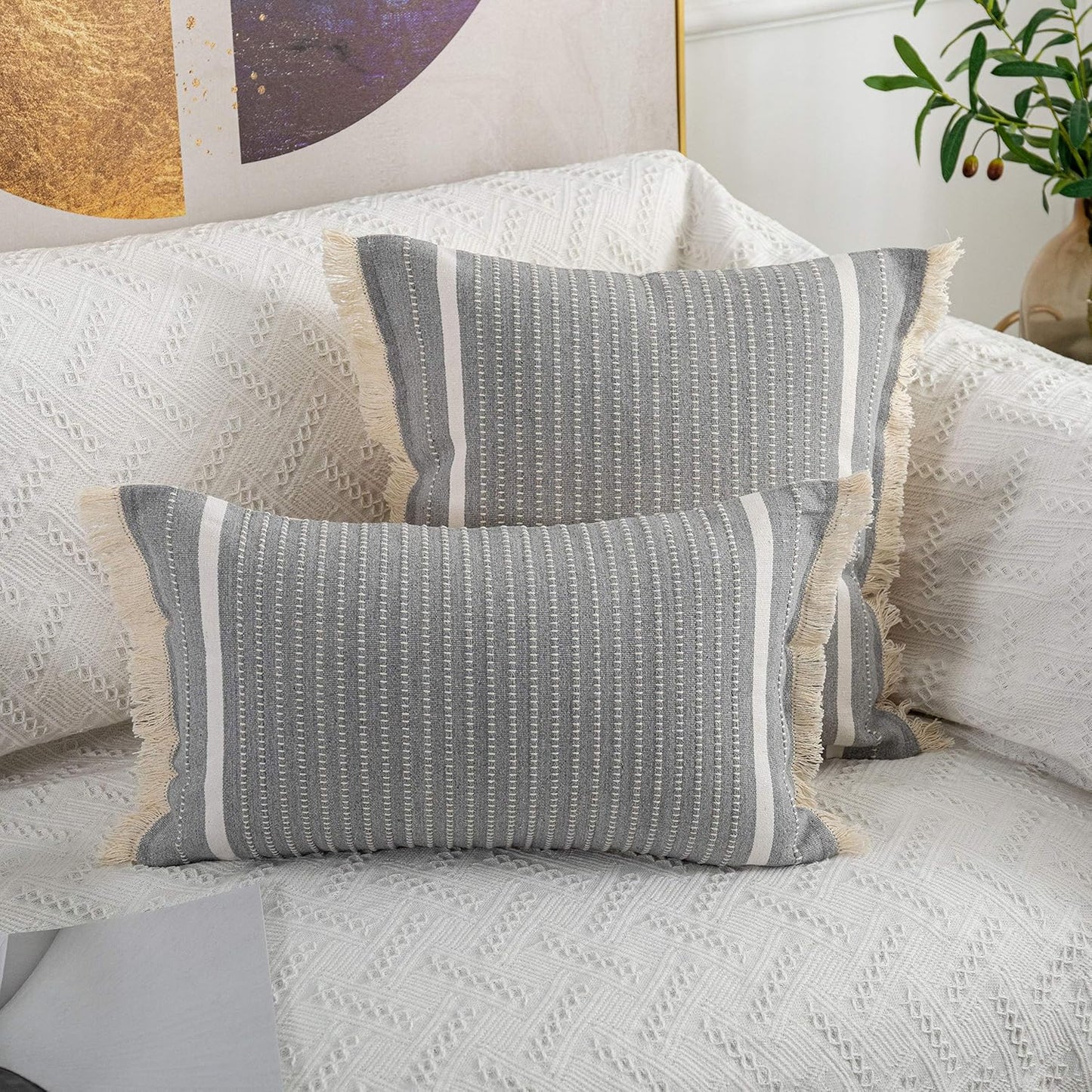 12 20 Inches, OJIA Modern Throw Pillow Cover with Tassels, Decorative Liana Fringe Accent Cushion Case, Farmhouse Woven
